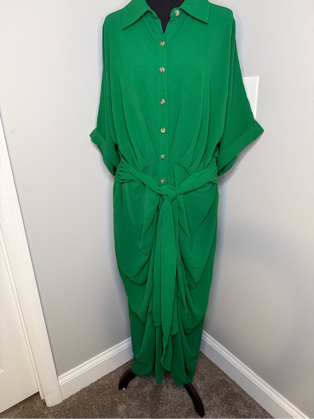 Ashley Stewart Emerald Green Button-Front Tie-Waist Maxi Dress